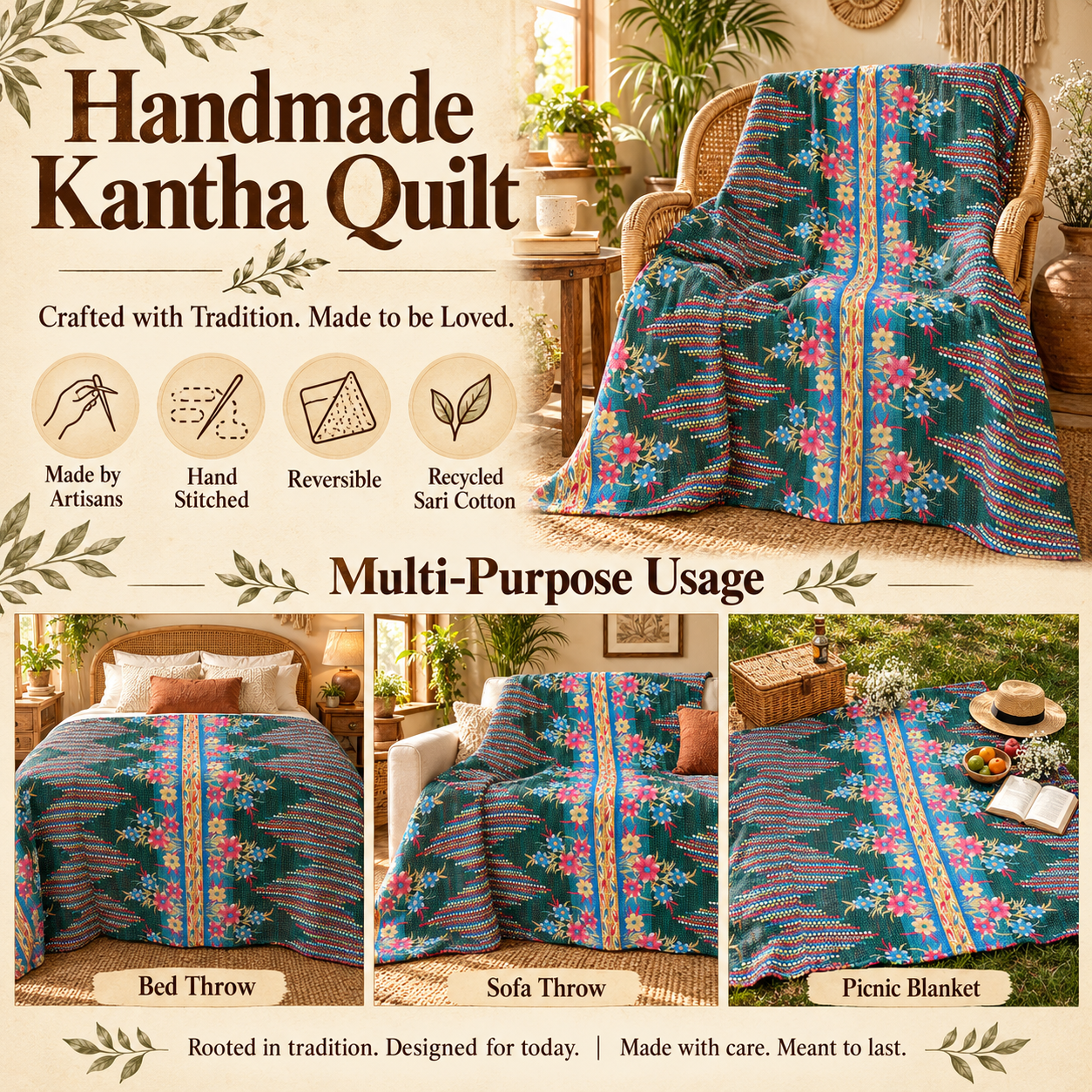 Teal Green Floral Vintage Kantha Quilt – Hand Stitched Recycled Sari Cotton Throw 60x90 Inch - Image 4