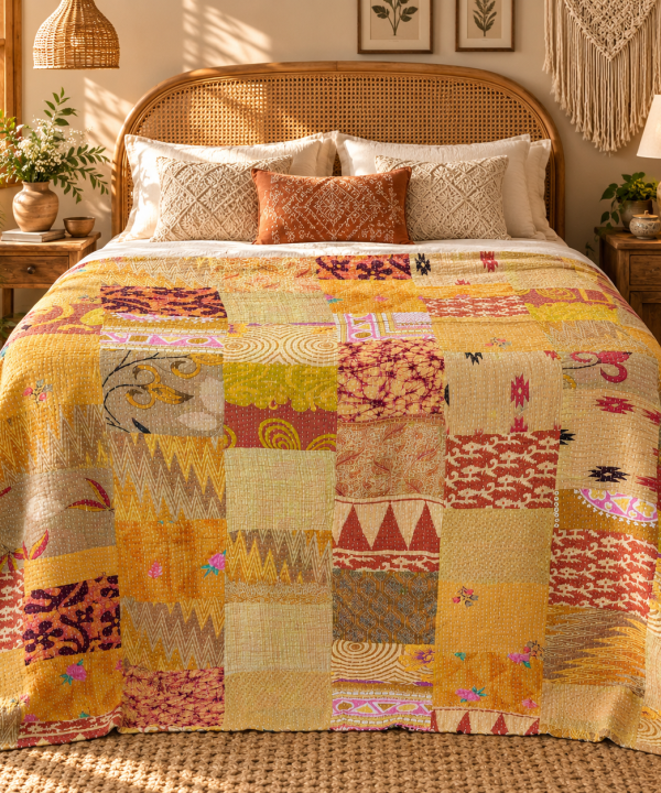 Alternative view of Assorted Yellow Patchwork Kantha Quilt 60x90 – Handmade Cotton Bedspread
