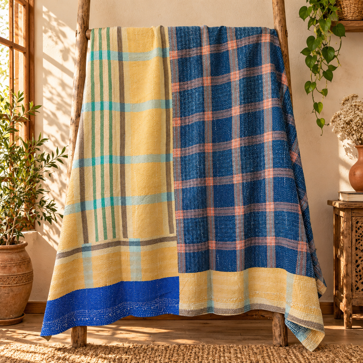 Magenta Pink & Blue Vintage Kantha Quilt – Geometric Floral Hand Stitched Cotton Throw 60x90 Inch - Image 5