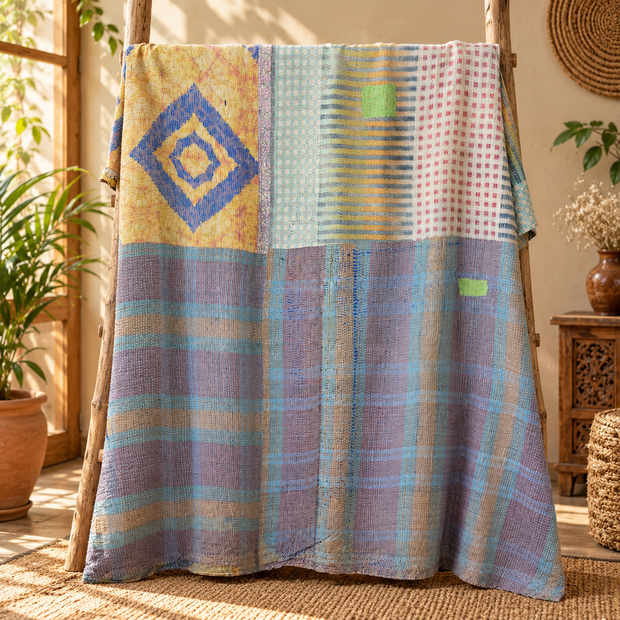 Coral Pink Blue Paisley Vintage Kantha Quilt – Floral Hand Stitched Cotton Throw 60x90 Inch - Image 5