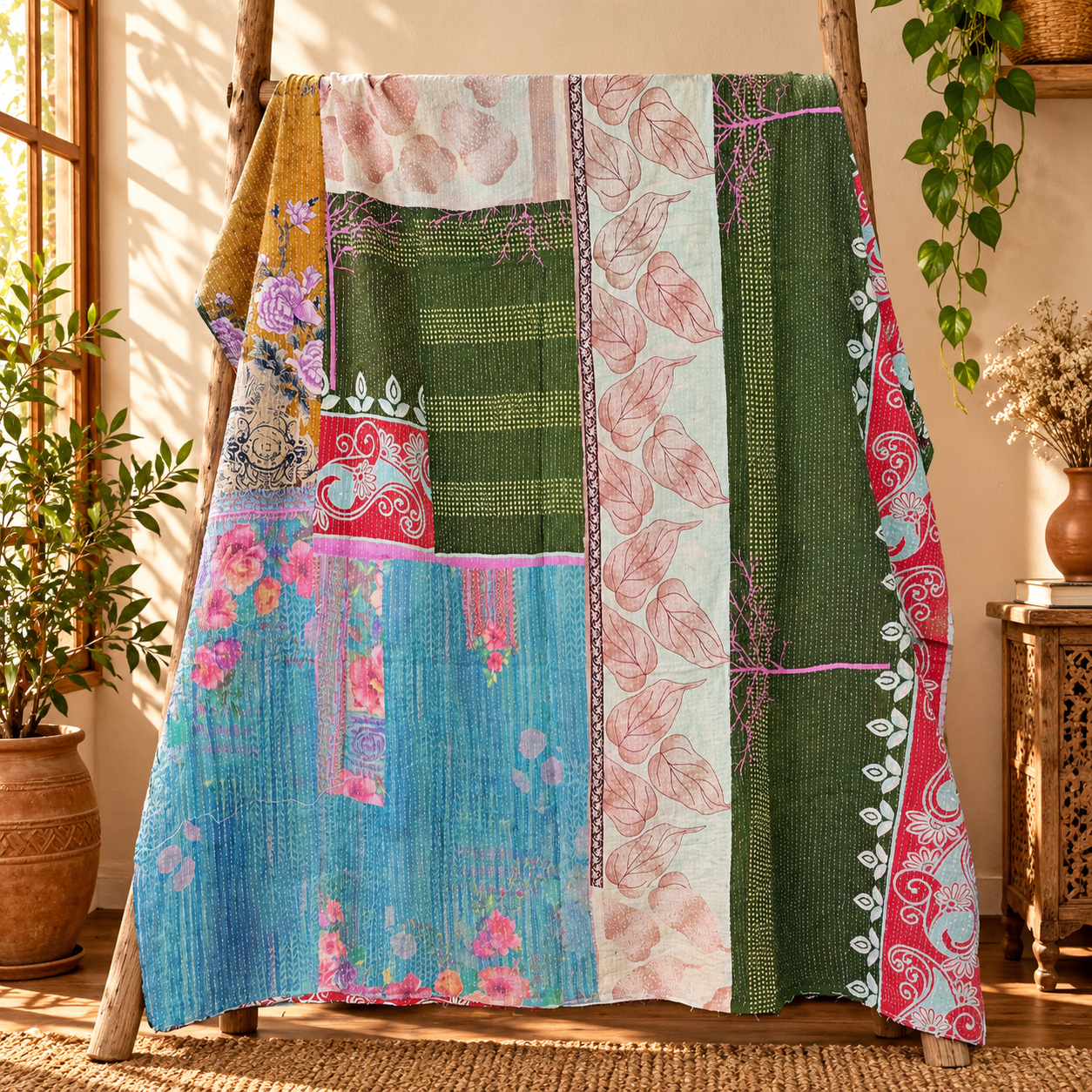Olive Green Vintage Kantha Quilt – Paisley Floral Hand Stitched Cotton Throw 60x90 Inch - Image 5