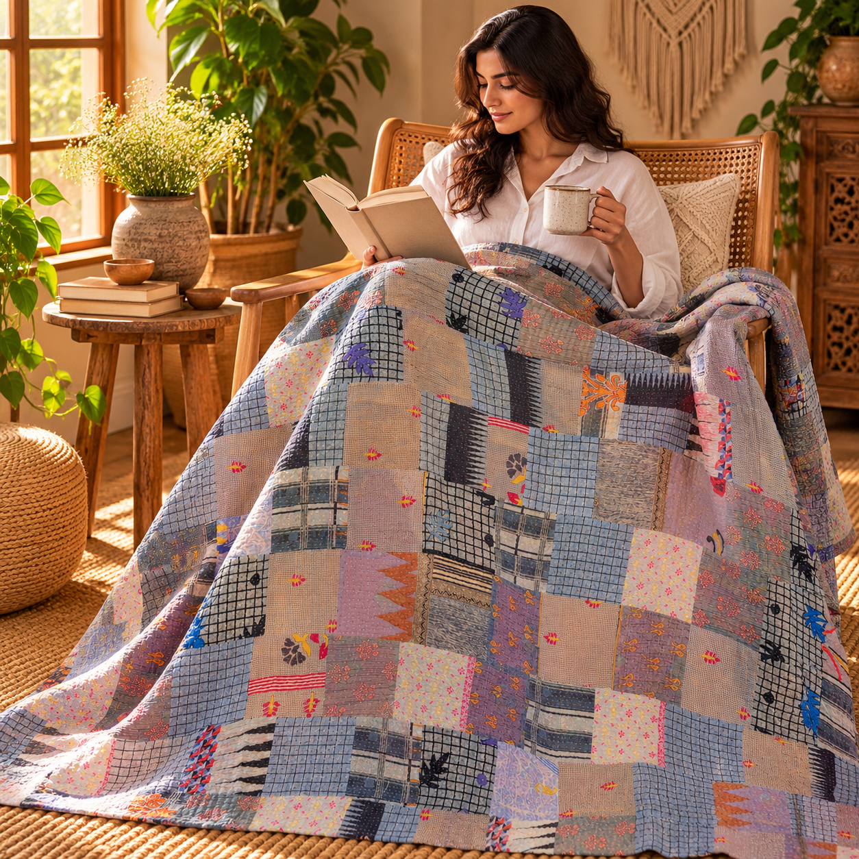 Assorted Grey Blue Patchwork Kantha Quilt 60x90 – Handmade Cotton Bedspread - Image 3