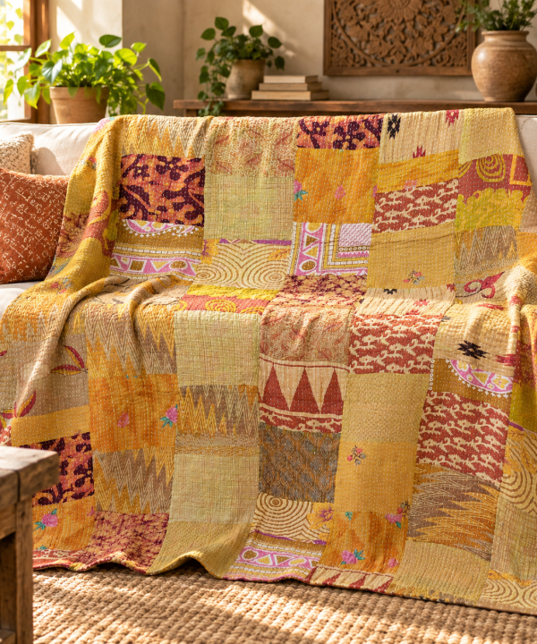 Assorted Yellow Patchwork Kantha Quilt 60x90 – Handmade Cotton Bedspread