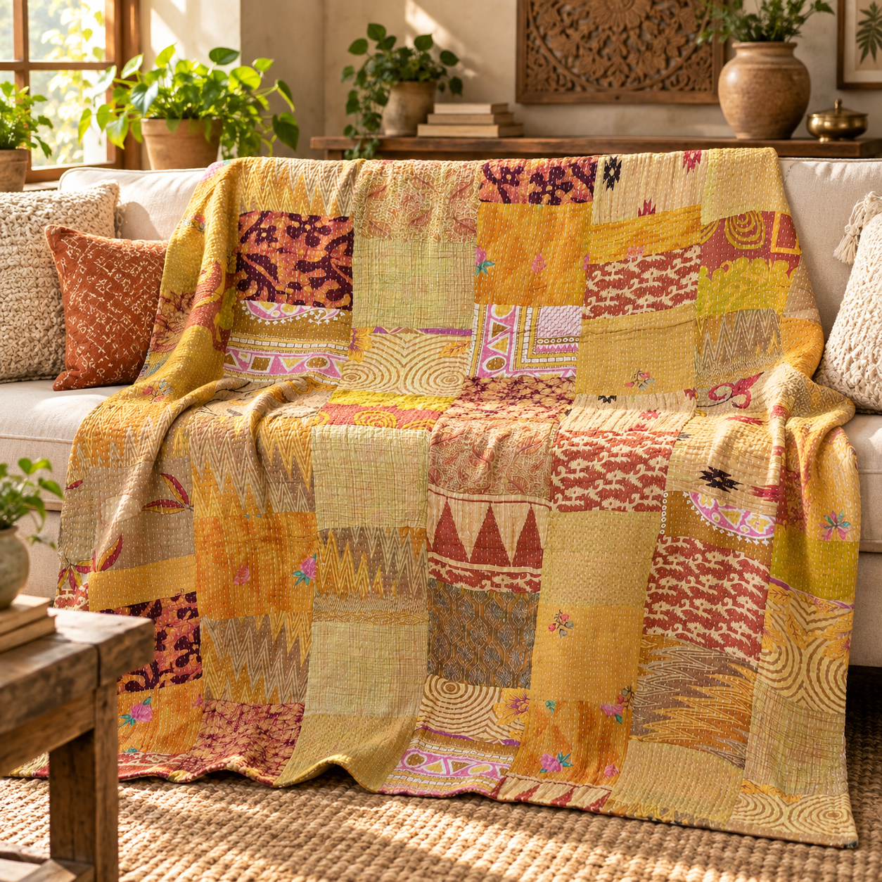 Assorted Yellow Patchwork Kantha Quilt 60x90 – Handmade Cotton Bedspread