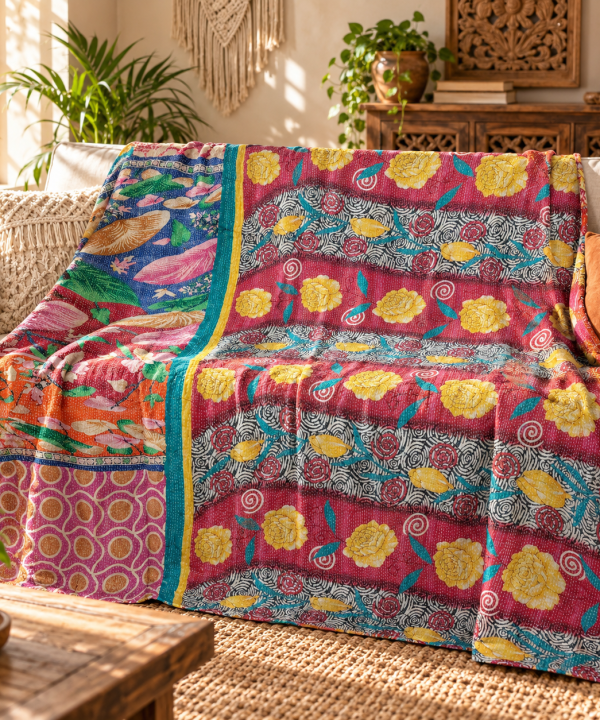 Pink Multicolor Floral Vintage Kantha Quilt – Handmade Cotton Indian Bedspread Throw 60x90 Inch
