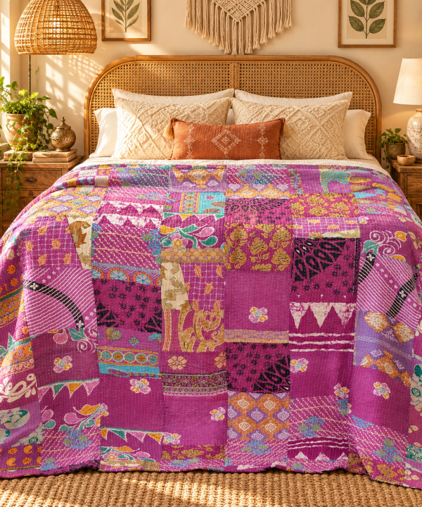 Alternative view of Assorted Pink & Purple Patchwork Kantha Quilt 60x90 – Handmade Cotton Bedspread