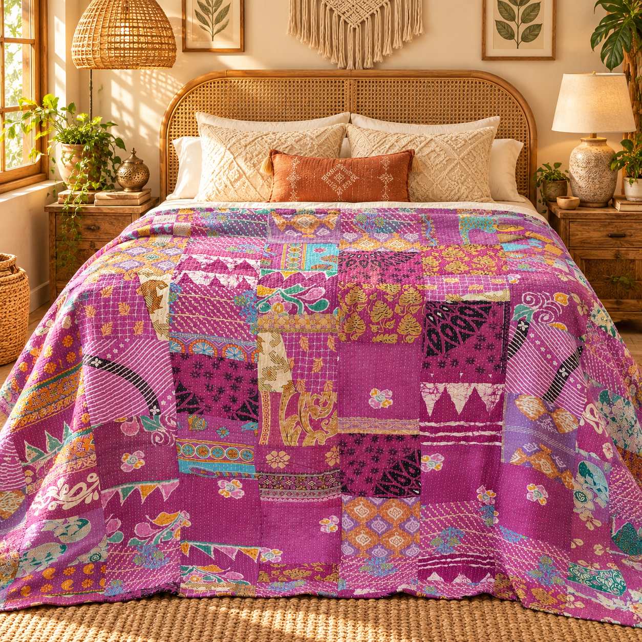 Assorted Pink & Purple Patchwork Kantha Quilt 60x90 – Handmade Cotton Bedspread - Image 2