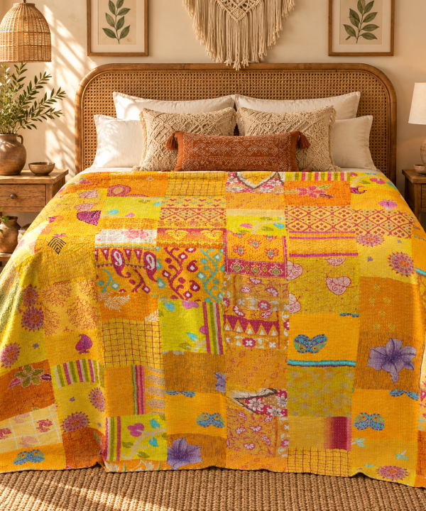 Alternative view of Assorted Yellow Patchwork Kantha Quilt – Handmade Vintage Cotton Boho Bedspread & Throw 60x90 Inches