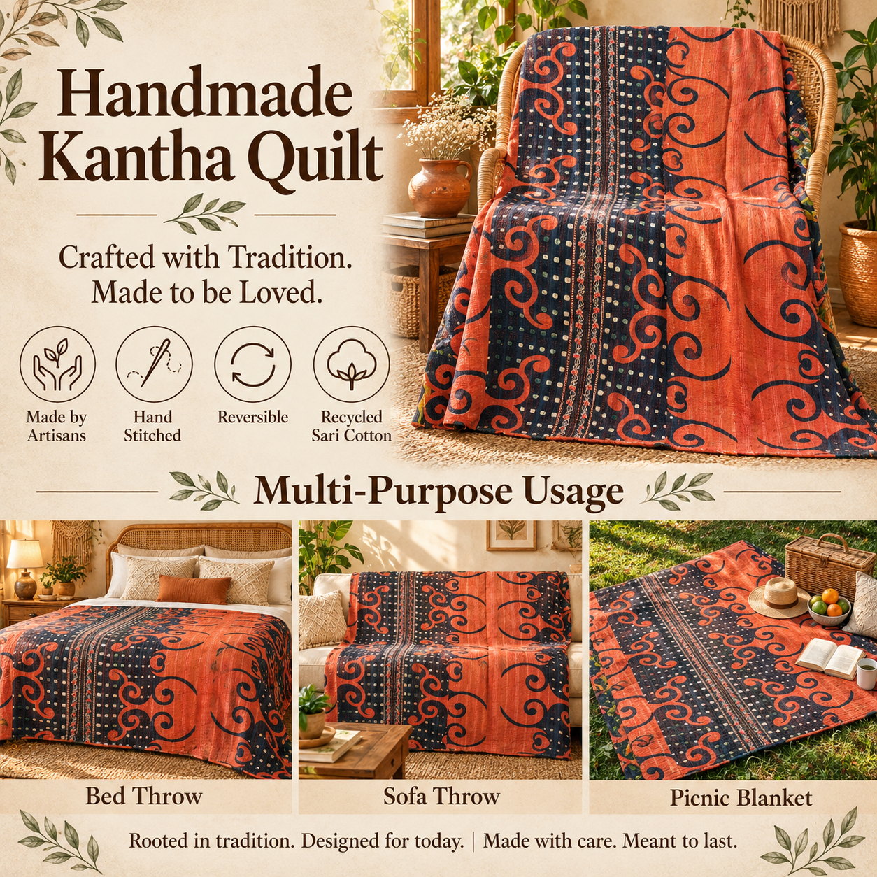 Burnt Orange & Navy Blue Vintage Kantha Quilt – Swirl Geometric Hand Stitched Cotton Throw 60x90 Inch - Image 4
