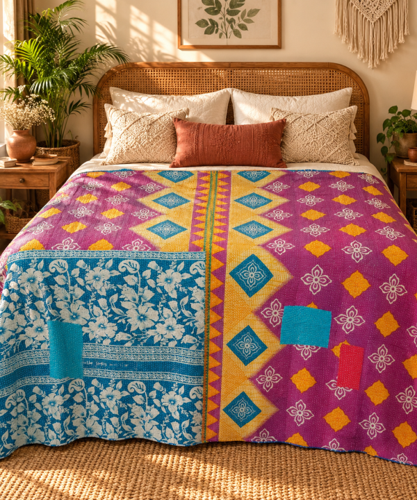 Alternative view of Magenta Pink & Blue Vintage Kantha Quilt – Geometric Floral Hand Stitched Cotton Throw 60x90 Inch