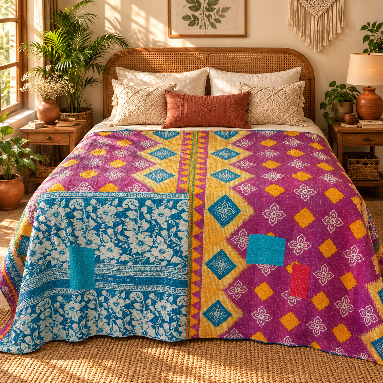 Magenta Pink & Blue Vintage Kantha Quilt – Geometric Floral Hand Stitched Cotton Throw 60x90 Inch - Image 2