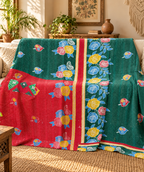 Emerald Green Red Floral Vintage Kantha Quilt – Hand Stitched Cotton Bedspread Throw 60x90 Inch