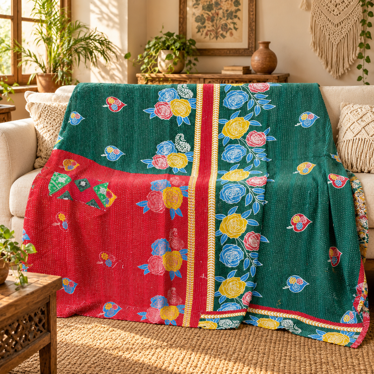 Emerald Green Red Floral Vintage Kantha Quilt – Hand Stitched Cotton Bedspread Throw 60x90 Inch