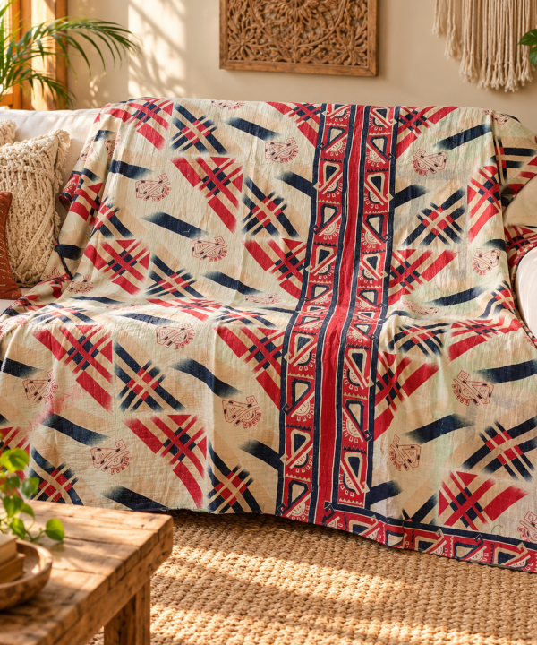 Cream Red Geometric Vintage Kantha Quilt – Handmade Cotton Indian Bedspread Throw 60x90 Inch
