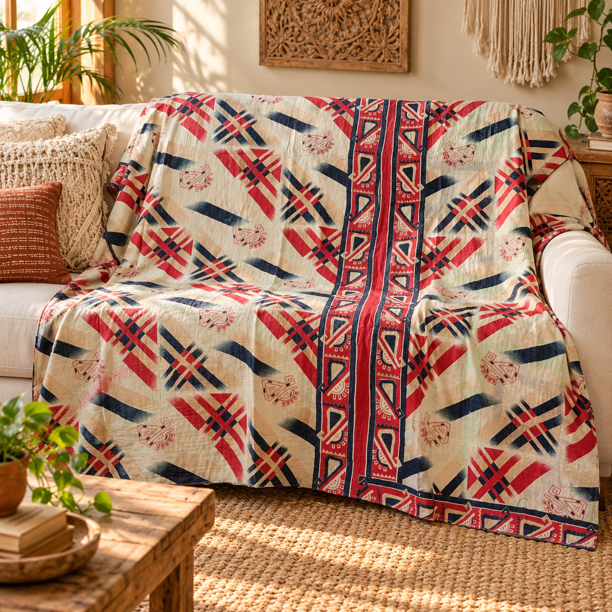 Cream Red Geometric Vintage Kantha Quilt – Handmade Cotton Indian Bedspread Throw 60x90 Inch