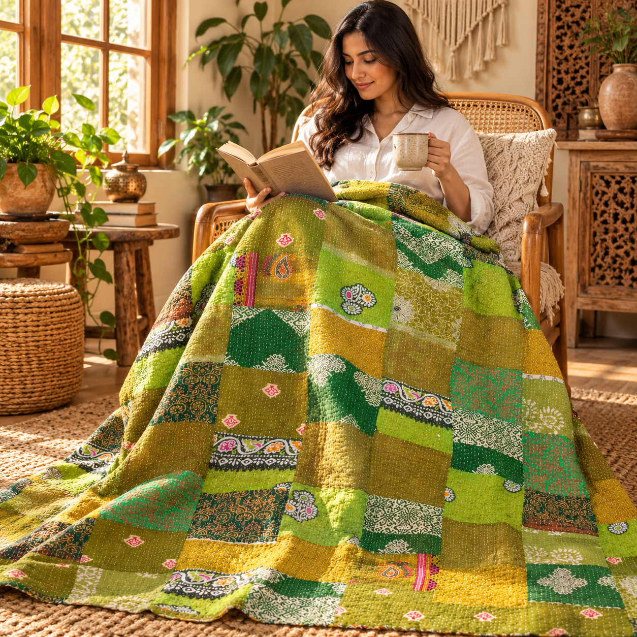 Assorted Green Patchwork Kantha Quilt 60x90 – Handmade Cotton Bedspread - Image 3