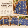 Royal Blue Floral Vintage Kantha Quilt – Hand Stitched Recycled Cotton Bed Throw 60x90 Inch - Image 4
