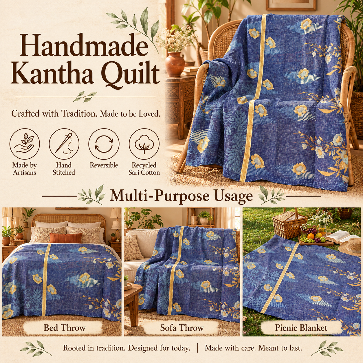 Royal Blue Floral Vintage Kantha Quilt – Hand Stitched Recycled Cotton Bed Throw 60x90 Inch - Image 4