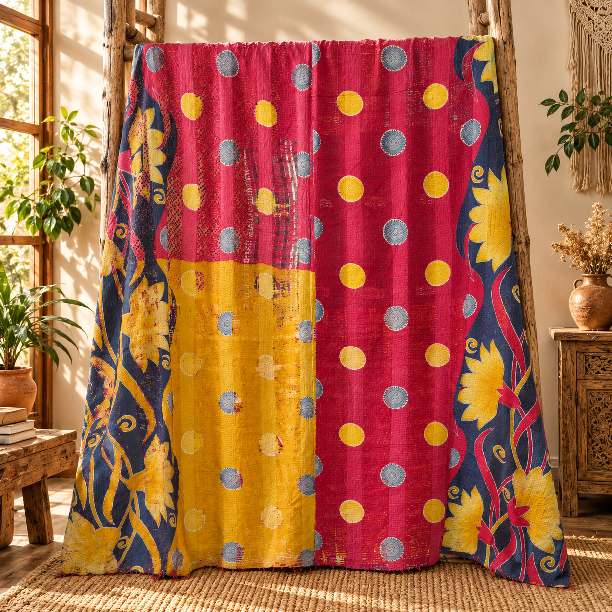 Burnt Orange & Navy Blue Vintage Kantha Quilt – Swirl Geometric Hand Stitched Cotton Throw 60x90 Inch - Image 5