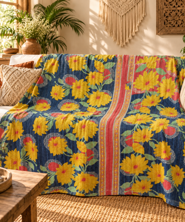 Navy Blue Yellow Floral Vintage Kantha Quilt – Handmade Cotton Bedspread Throw 60x90 Inch