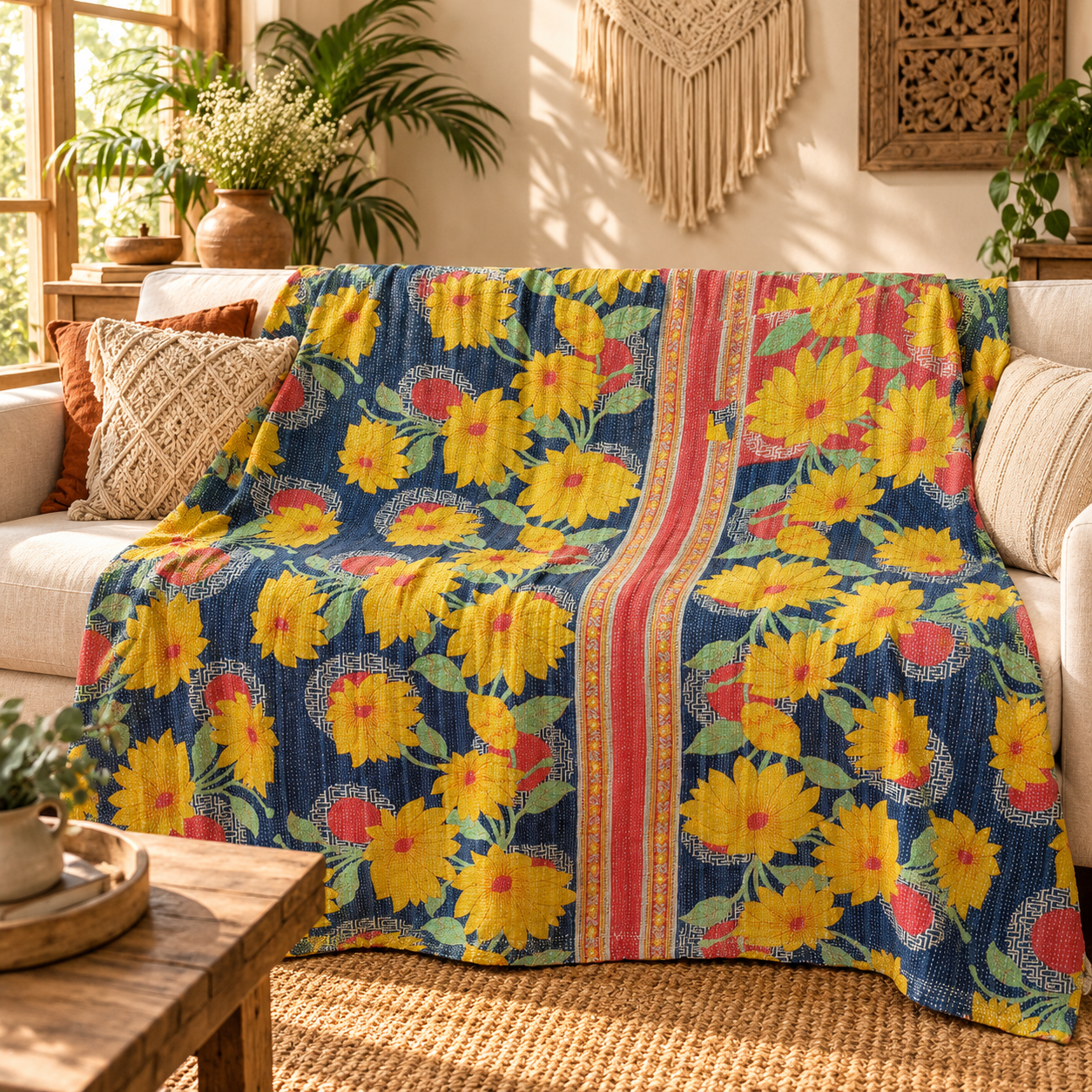 Navy Blue Yellow Floral Vintage Kantha Quilt – Handmade Cotton Bedspread Throw 60x90 Inch