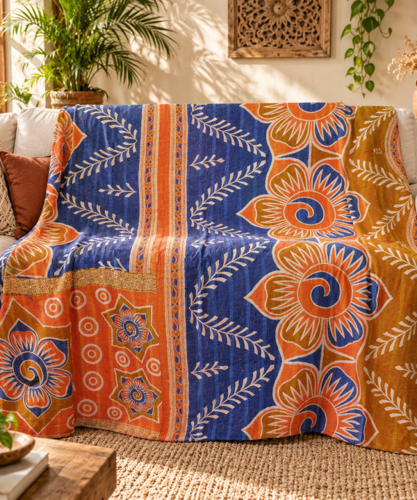 Royal Blue & Orange Floral Vintage Kantha Quilt – Hand Stitched Cotton Bedspread Throw 60x90 Inch