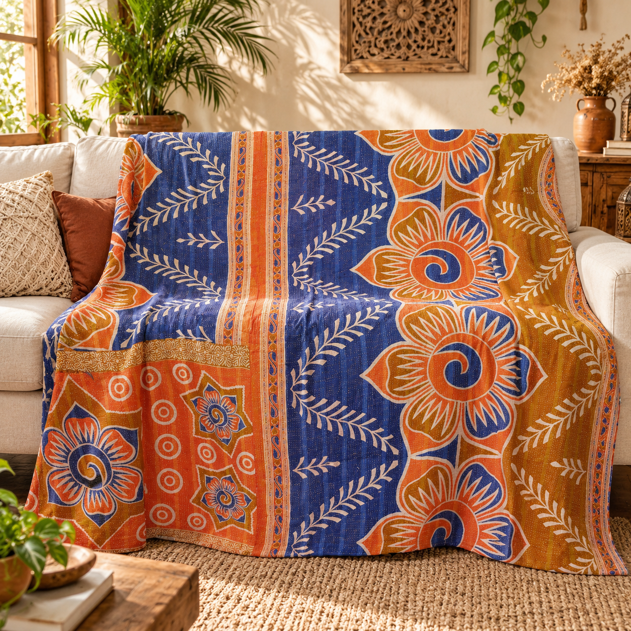 Royal Blue & Orange Floral Vintage Kantha Quilt – Hand Stitched Cotton Bedspread Throw 60x90 Inch