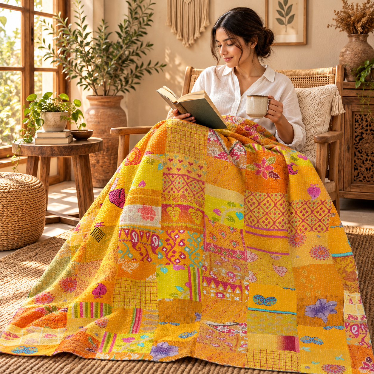 Assorted Yellow Patchwork Kantha Quilt – Handmade Vintage Cotton Boho Bedspread & Throw 60x90 Inches - Image 3