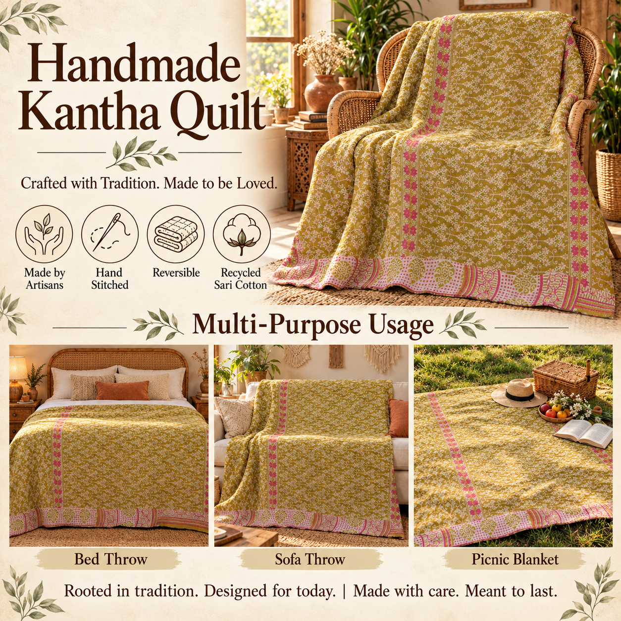 Mustard Yellow Pink Floral Vine Vintage Kantha Quilt – Hand Stitched Cotton Throw 60x90 Inch - Image 4