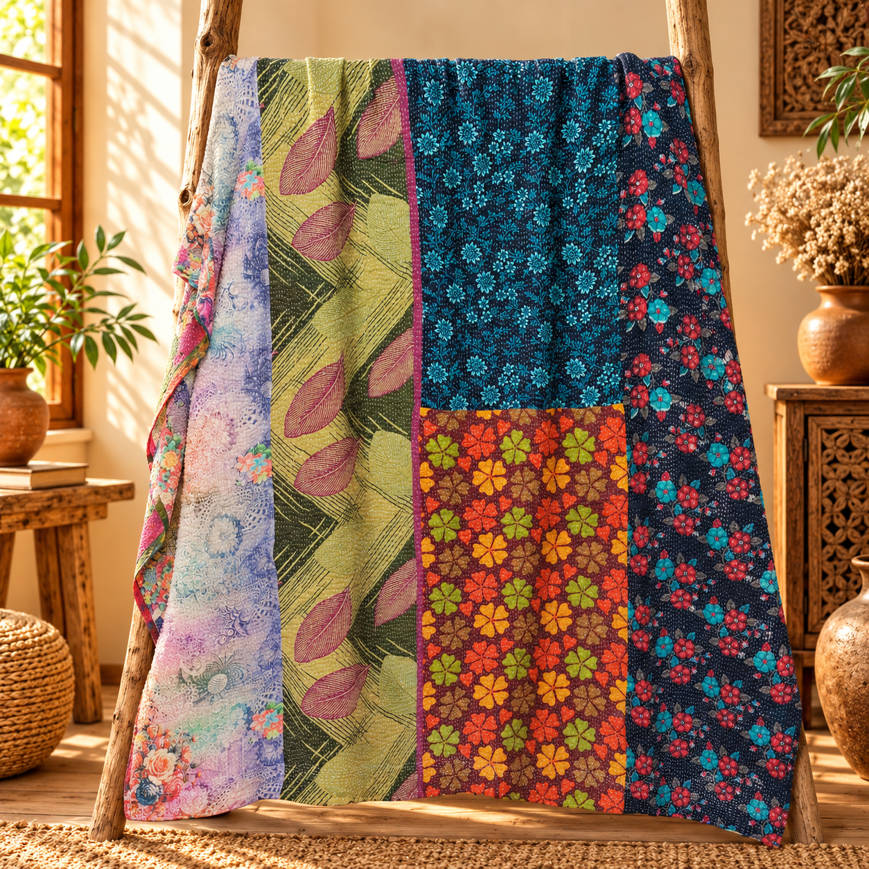 Burgundy Blue Floral Vintage Kantha Quilt – Handmade Cotton Indian Bedspread Throw 60x90 Inch - Image 5