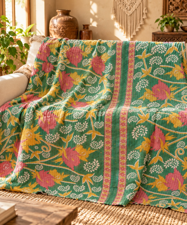 Green Patchwork Kantha Quilt – Handmade Vintage Cotton Bedspread Throw 60x90 Inches