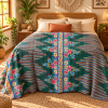 Teal Green Floral Vintage Kantha Quilt – Hand Stitched Recycled Sari Cotton Throw 60x90 Inch - Image 2