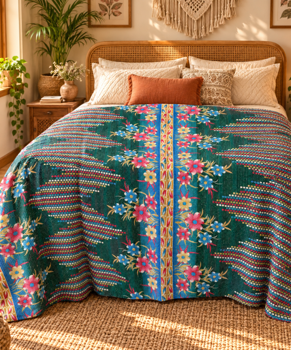 Alternative view of Teal Green Floral Vintage Kantha Quilt – Hand Stitched Recycled Sari Cotton Throw 60x90 Inch