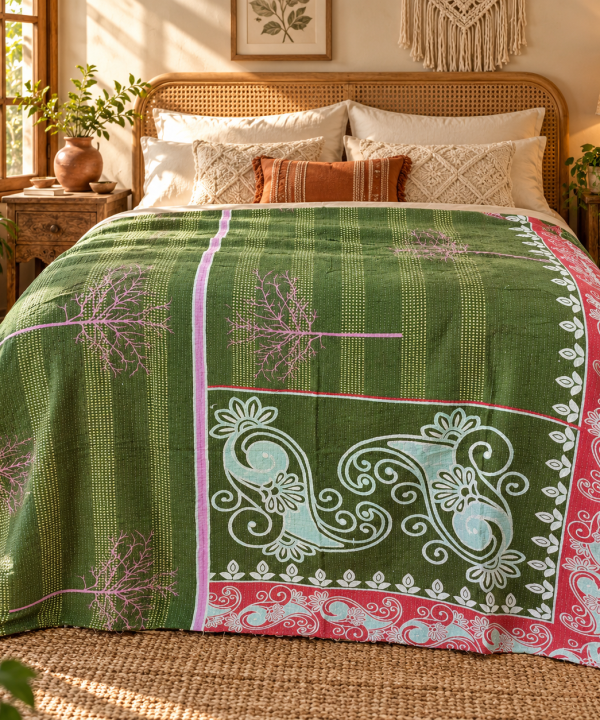 Alternative view of Olive Green Vintage Kantha Quilt – Paisley Floral Hand Stitched Cotton Throw 60x90 Inch