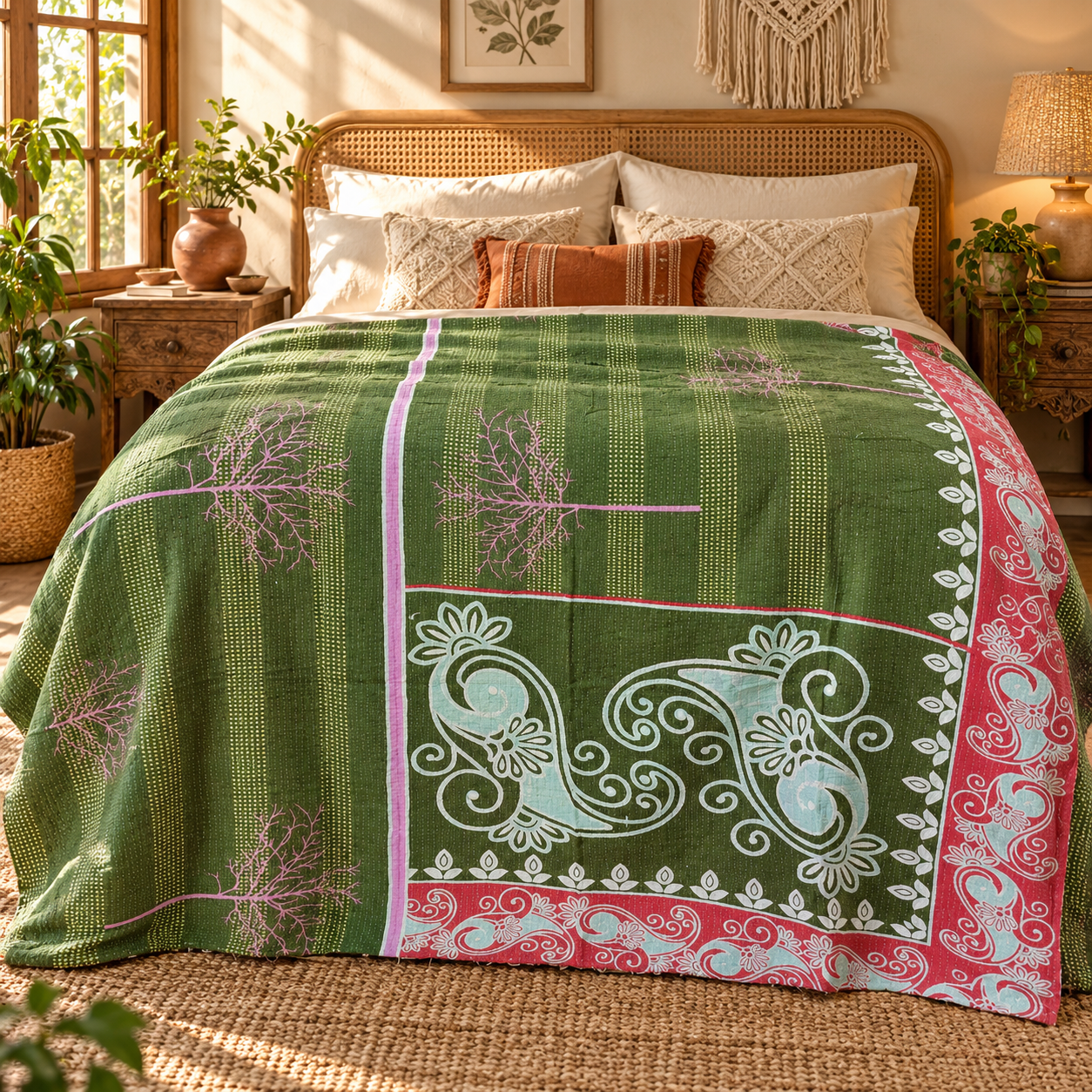 Olive Green Vintage Kantha Quilt – Paisley Floral Hand Stitched Cotton Throw 60x90 Inch - Image 2