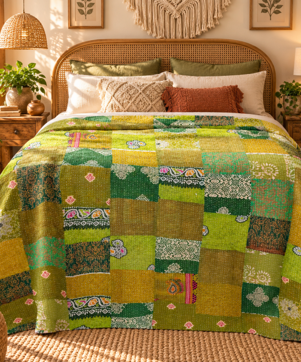 Alternative view of Assorted Green Patchwork Kantha Quilt 60x90 – Handmade Cotton Bedspread