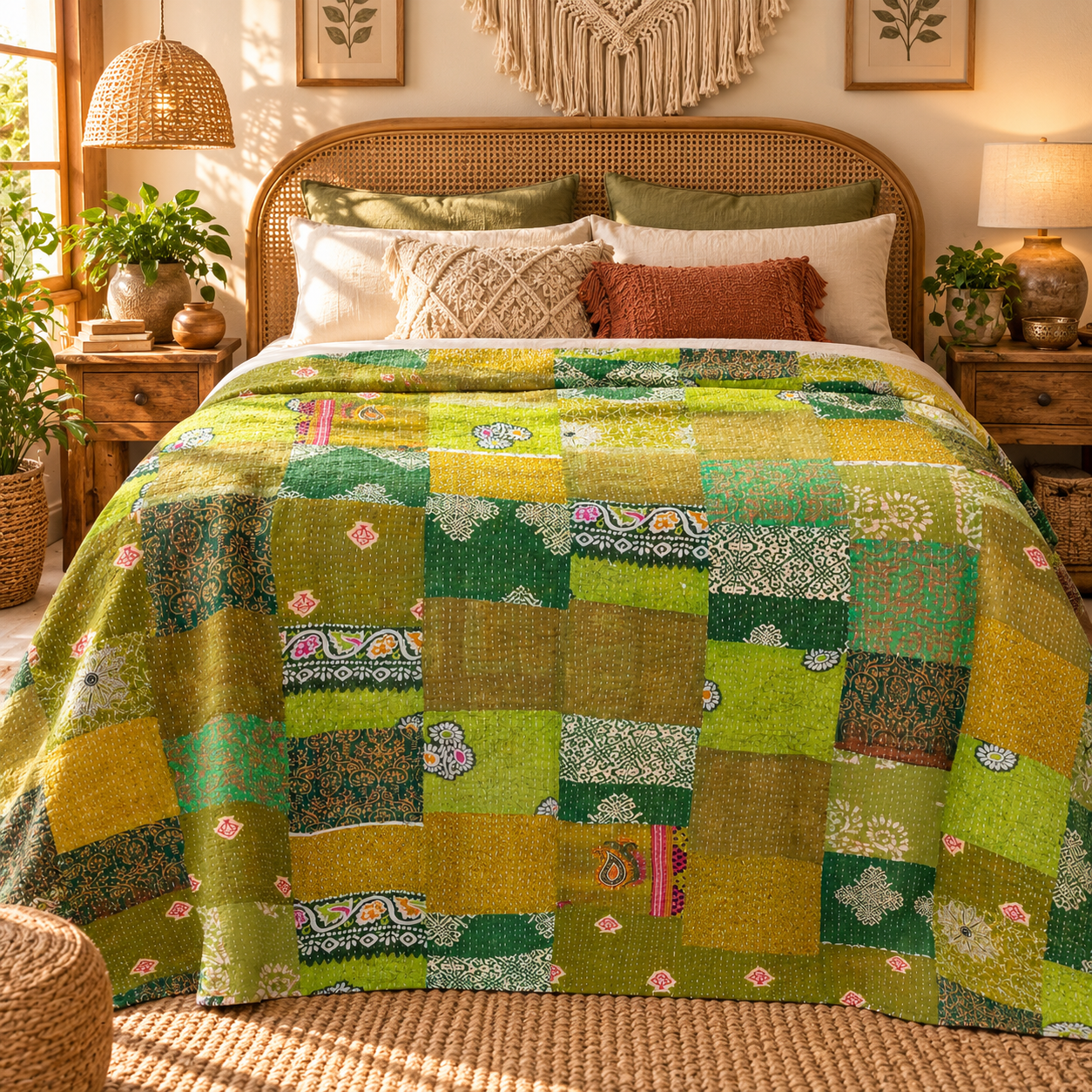 Assorted Green Patchwork Kantha Quilt 60x90 – Handmade Cotton Bedspread - Image 2