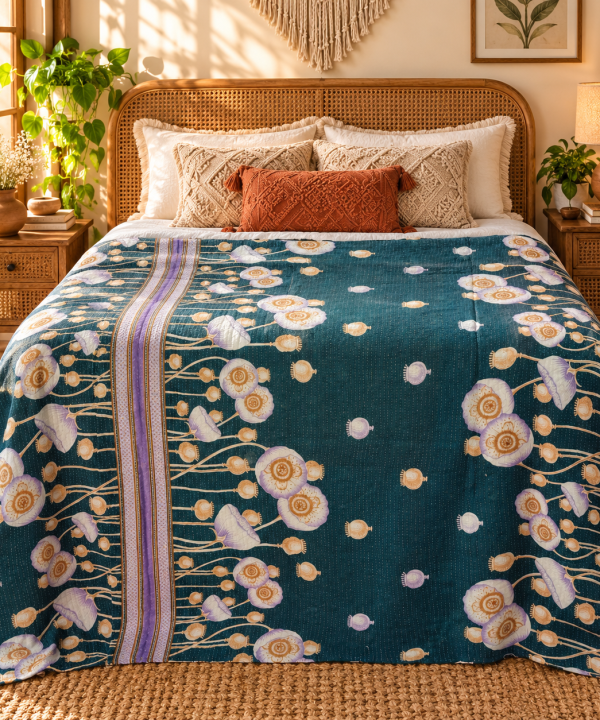 Alternative view of Teal Blue Floral Vintage Kantha Quilt – Hand Stitched Recycled Cotton Bedspread Throw 60x90 Inch