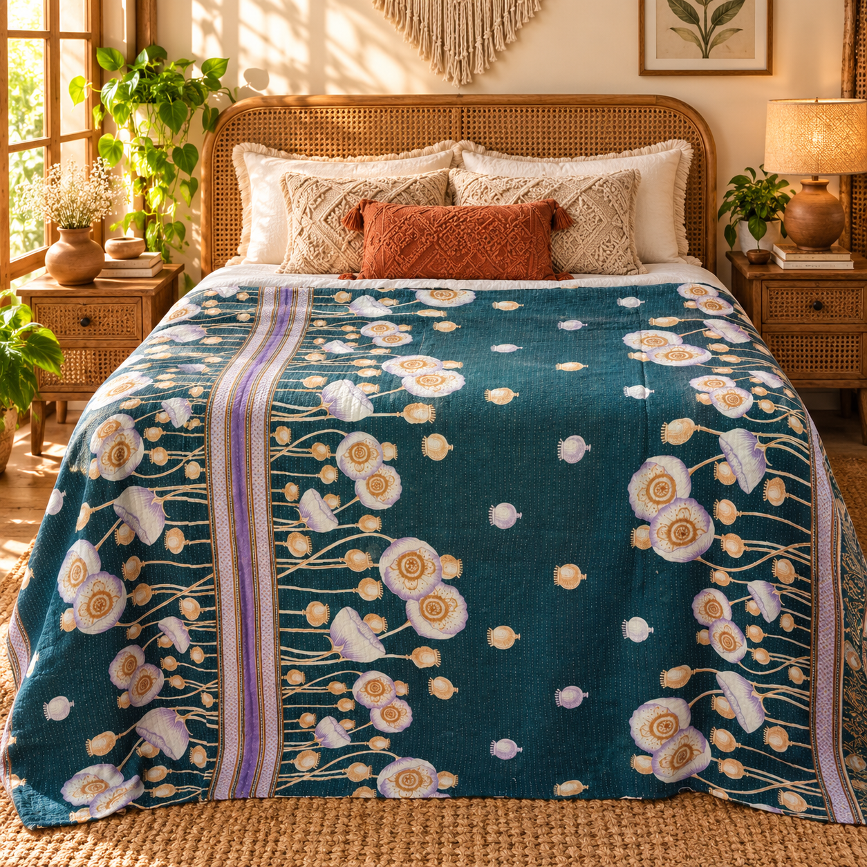 Teal Blue Floral Vintage Kantha Quilt – Hand Stitched Recycled Cotton Bedspread Throw 60x90 Inch - Image 2