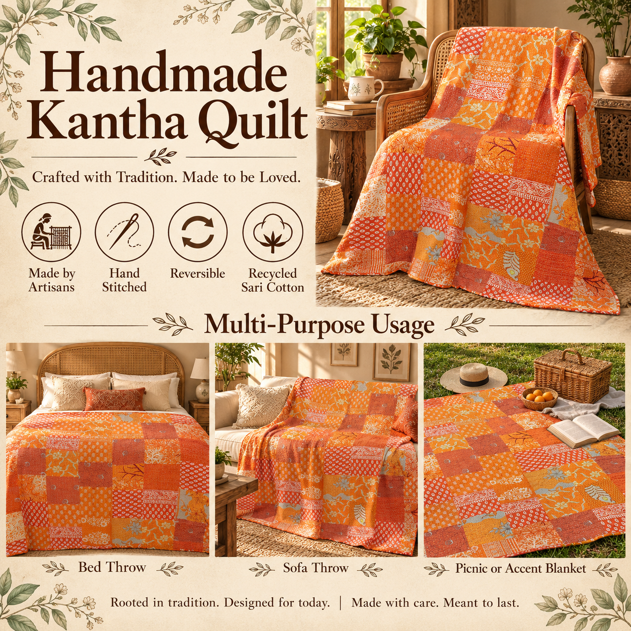 Assorted Orange Patchwork Kantha Quilt 60x90 – Handmade Cotton Bedspread - Image 4