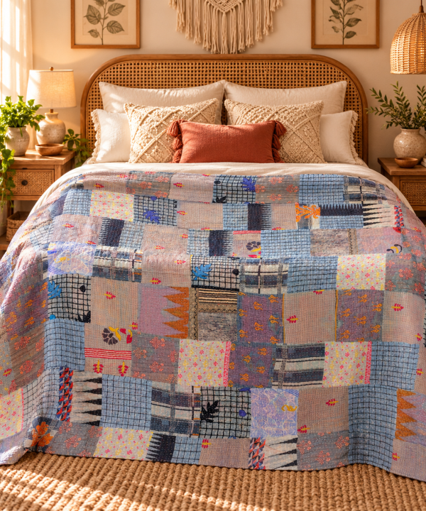 Alternative view of Assorted Grey Blue Patchwork Kantha Quilt 60x90 – Handmade Cotton Bedspread