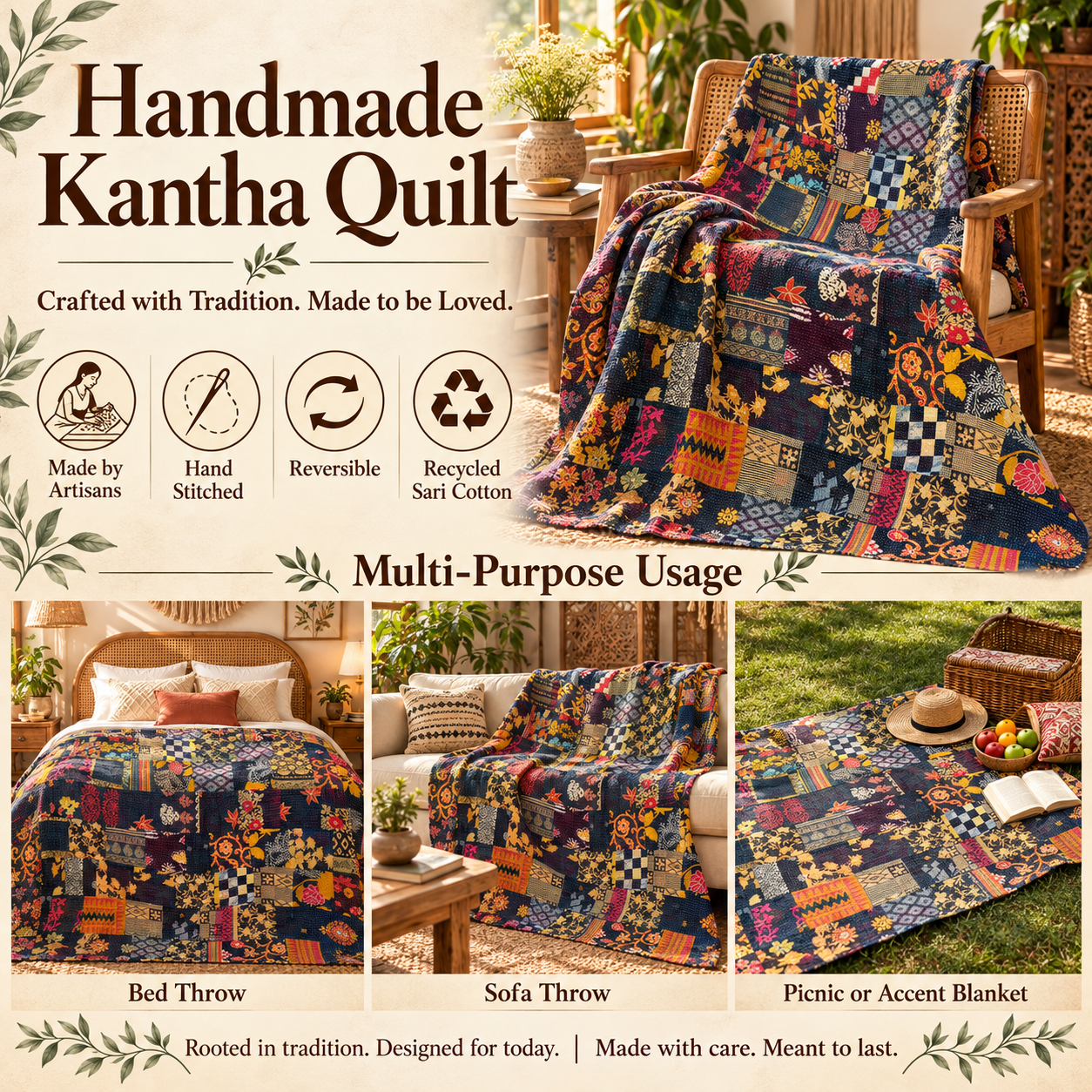 Assorted Black Patchwork Kantha Quilt 60x90 – Handmade Cotton Bedspread - Image 4