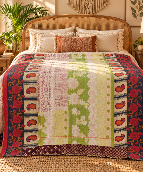 Alternative view of Cream Green Floral Vintage Kantha Quilt – Paisley Rose Hand Stitched Cotton Bedspread 60x90 Inch