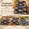 Navy Blue Beige Floral Vintage Kantha Quilt – Hand Stitched Recycled Cotton Bed Throw 60x90 Inch - Image 4