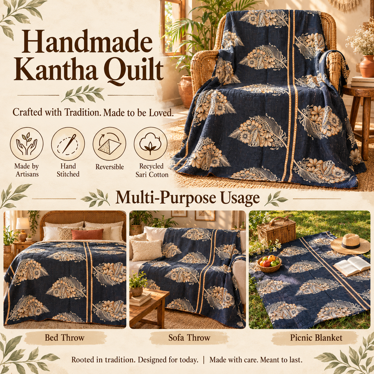 Navy Blue Beige Floral Vintage Kantha Quilt – Hand Stitched Recycled Cotton Bed Throw 60x90 Inch - Image 4