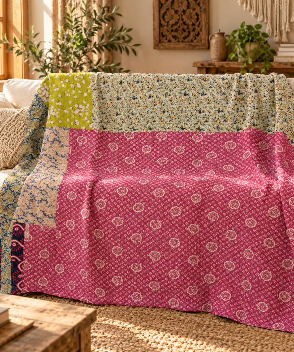 Pink Floral Vintage Kantha Quilt – Handmade Recycled Cotton Indian Bedspread Throw 60x90 Inch