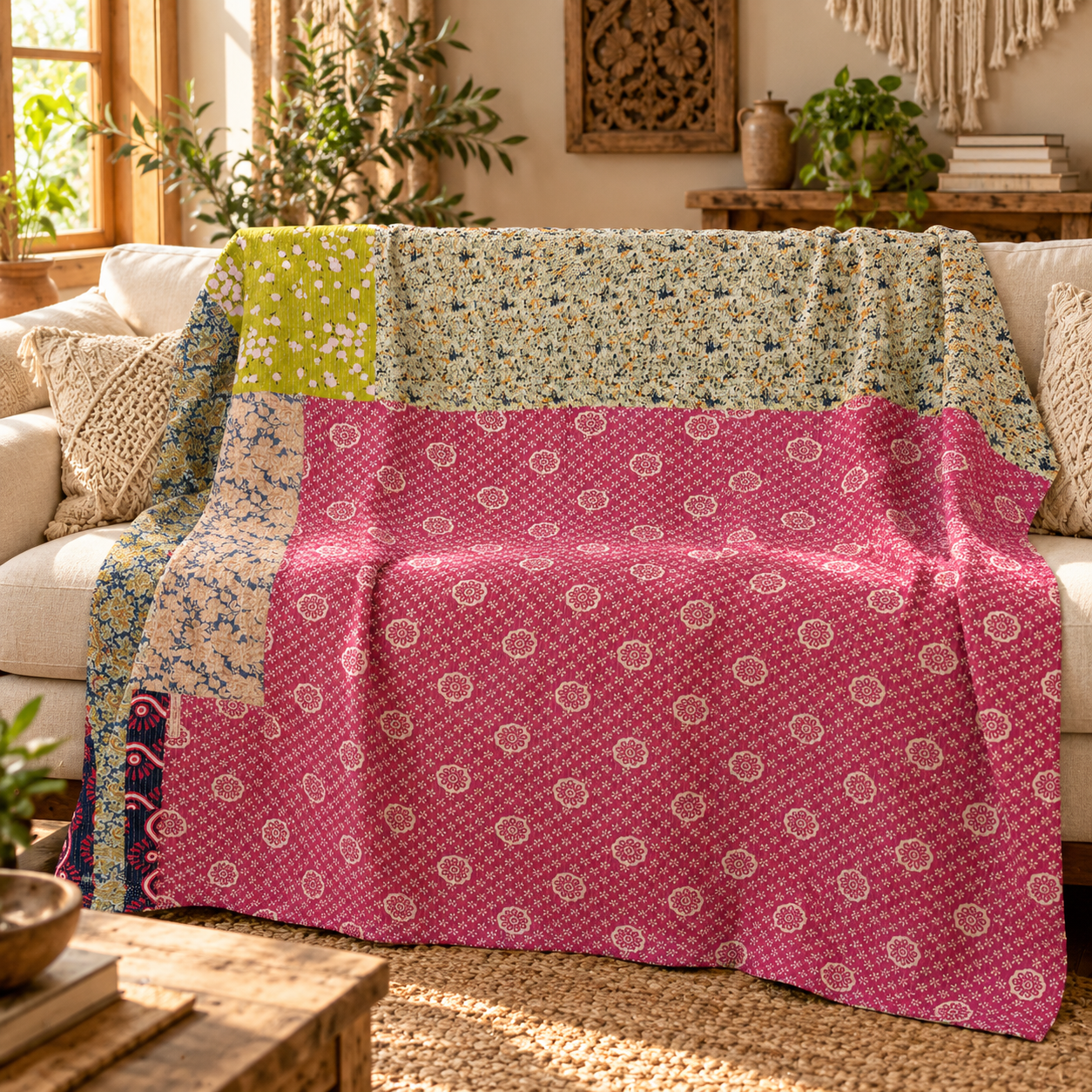 Pink Floral Vintage Kantha Quilt – Handmade Recycled Cotton Indian Bedspread Throw 60x90 Inch