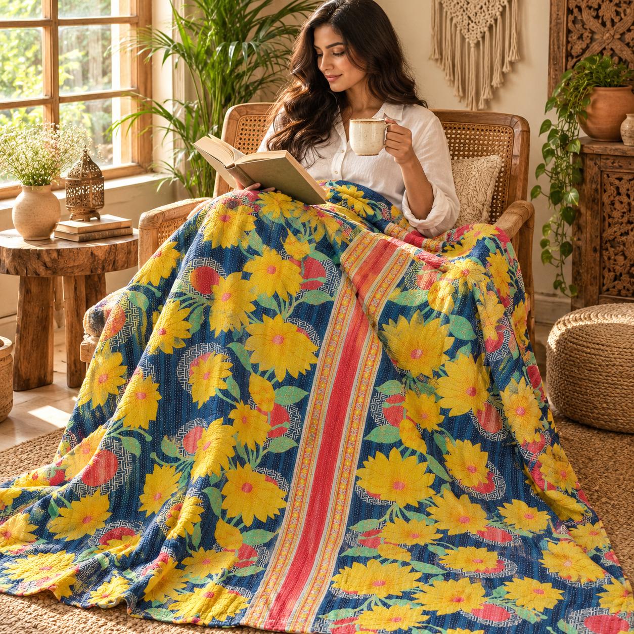 Navy Blue Yellow Floral Vintage Kantha Quilt – Handmade Cotton Bedspread Throw 60x90 Inch - Image 3