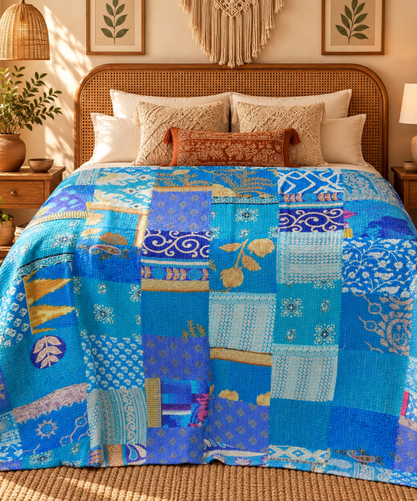 Alternative view of Assorted Blue Patchwork Kantha Quilt 60x90 – Handmade Cotton Bedspread