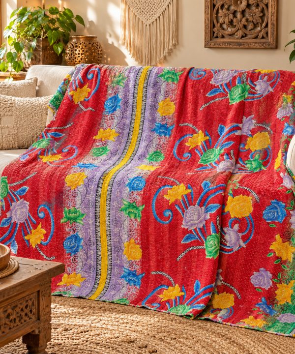Red Floral Kantha Quilt 60x90 – Handmade Cotton Bedspread